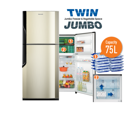 “Twin Jumbo” Large capacity enables bulk buying 75L