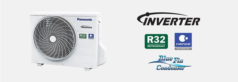 Image showing exterior of example Single-split outdoor unit, a logo describing the functions (INVERTER/R32 REFRIGERANT/nanoe™ Technology/Blue Fin Condenser)