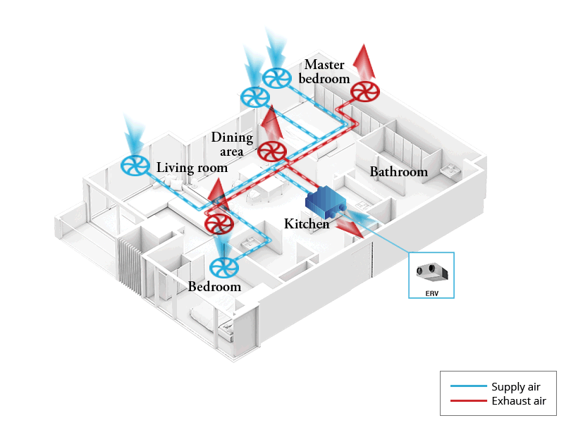 An image map of where ERV can be installed in a house and its air flow