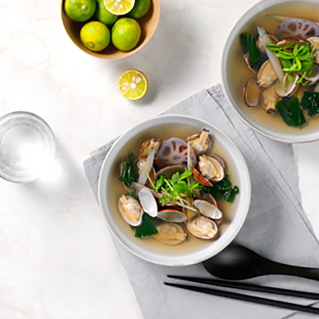 Clear clam and vegetable soup See more