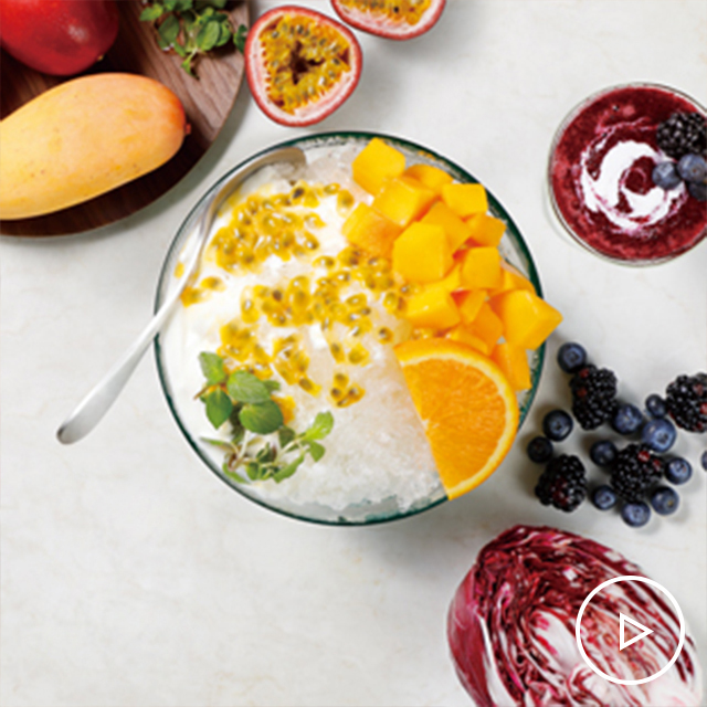 Tropical fruit shaved ice and purple slushie See more