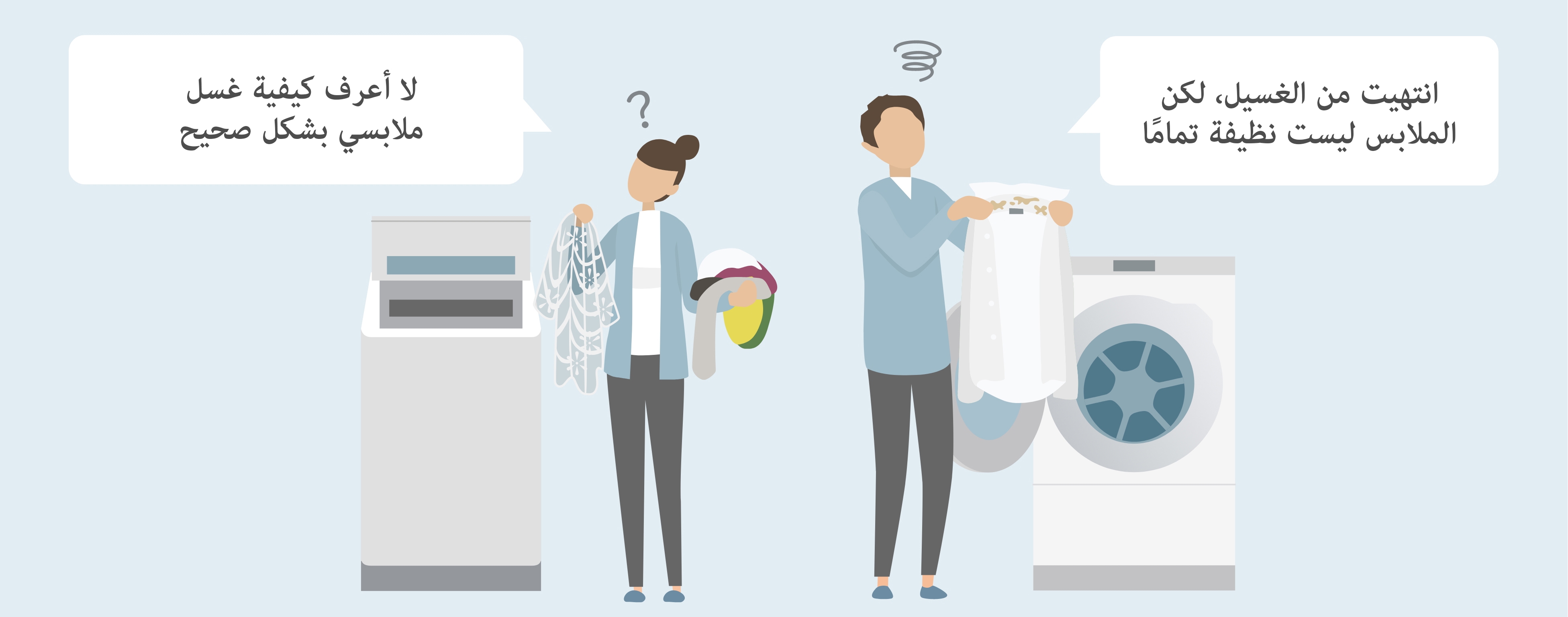 رسم توضيحي لشخصين يعانيان من مشاكل في الغسيل. تقول المرأة بجانب آلة التحميل العلوي: ’لا أعرف كيف أغسل ملابسي بشكل صحيح‘. يقول الرجل بجانب آلة التحميل الأمامي: ”لقد قمت بغسل الملابس، ولكن لم تخرج كل الأوساخ“.