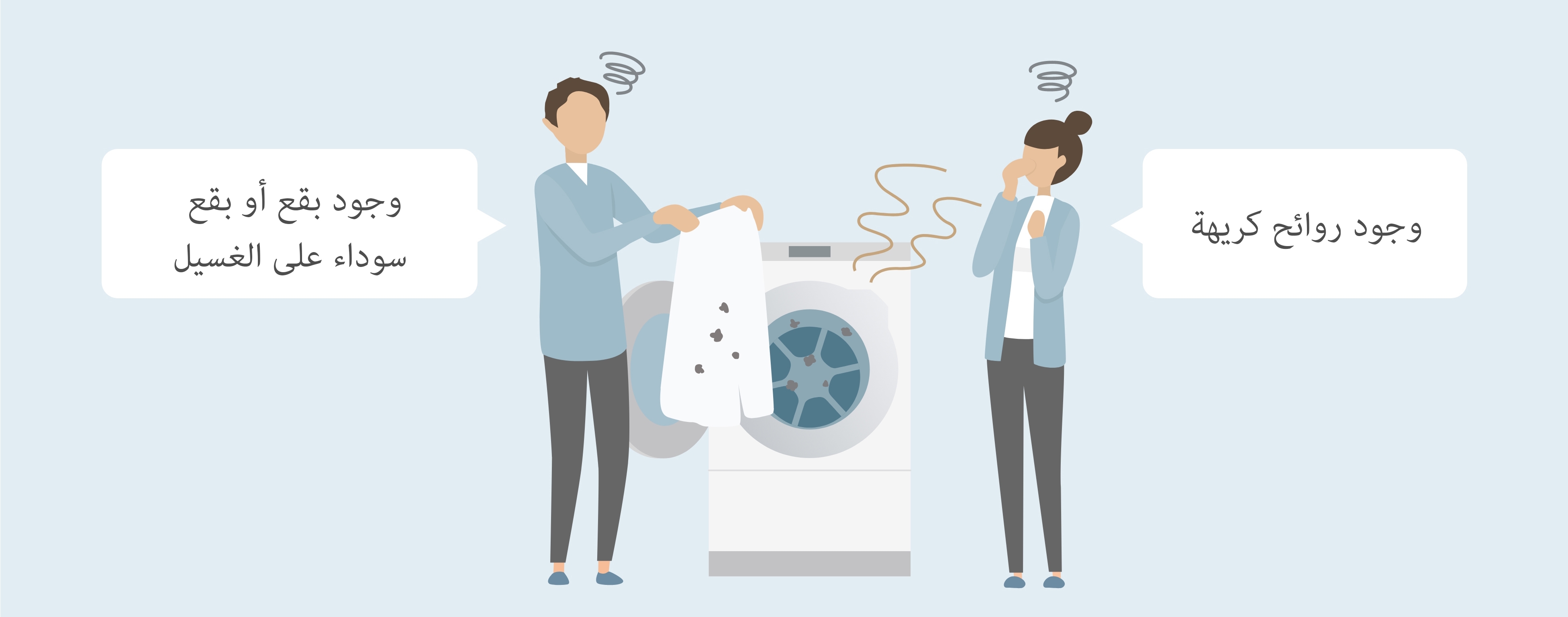 توضيح لمشكلات الغسيل: رجل يلاحظ بقعًا سوداء على قميص فيقول: ”بقع سوداء أو بقع على الغسيل“، وامرأة تشم رائحة كريهة فتقول: ”روائح كريهة“.