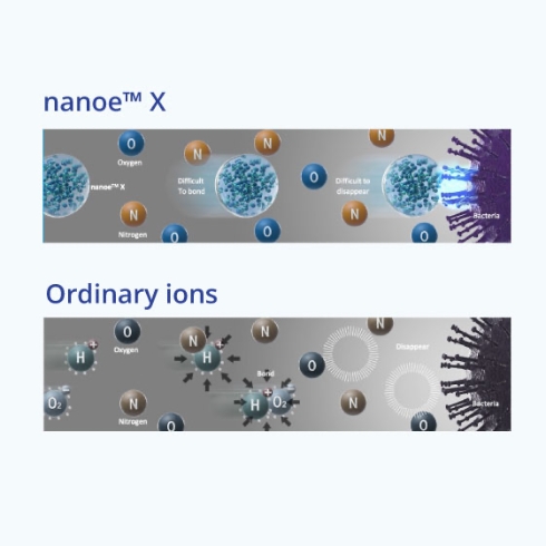 Images describing how nanoe™ X and ordinary ions work