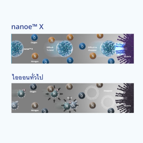 ภาพอธิบายวิธีการทำงานของ nanoe™ X กับไอออนทั่วไป