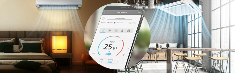 An image of using Panasonic Comfort Cloud App on a smartphone to control various air conditioners in different locations