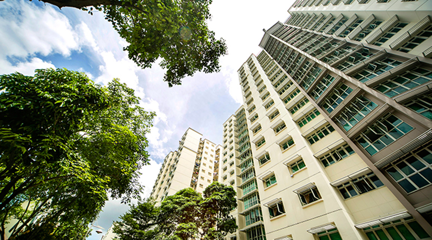An image of residential buildings of Punggol Eco-Town from the low angle