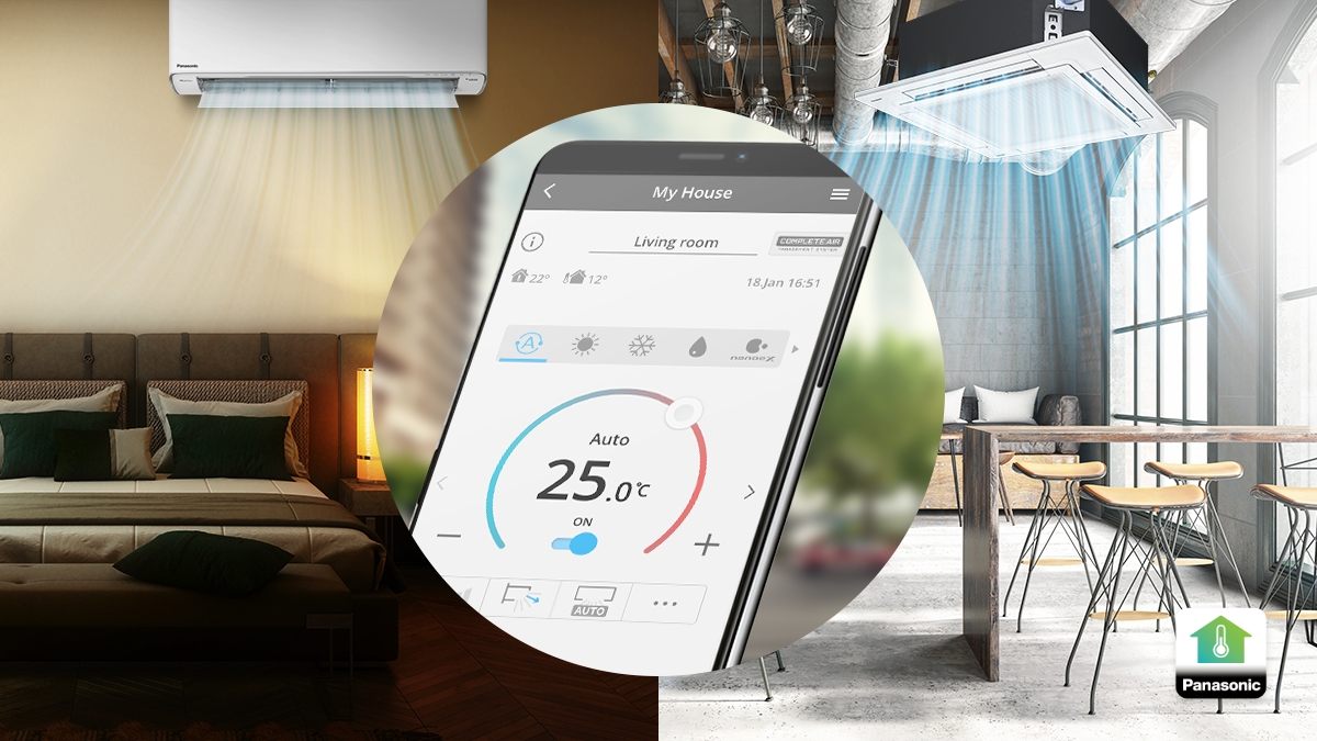 Imagen del uso de la aplicación Panasonic Comfort Cloud en un smartphone para controlar varios equipos de aire acondicionado en distintas ubicaciones