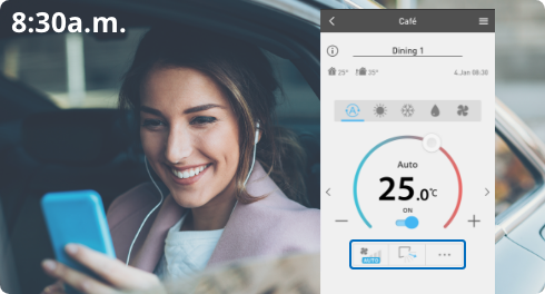 Hình ảnh một người phụ nữ đang sử dụng điện thoại thông minh trong xe hơi và giao diện người dùng của ứng dụng