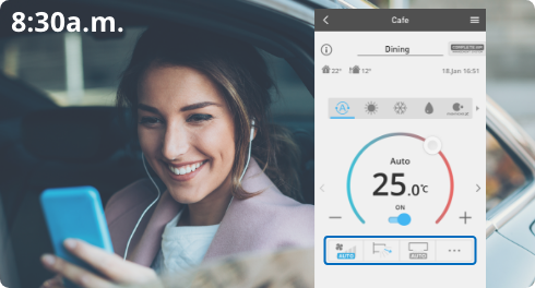 Hình ảnh một người phụ nữ đang sử dụng điện thoại thông minh trong xe hơi và giao diện người dùng của ứng dụng