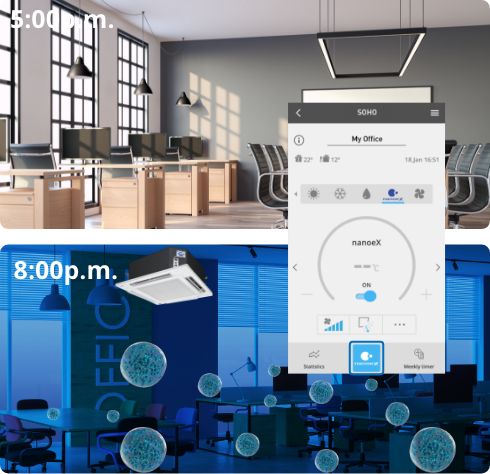 Images of offices in daytime and nighttime and an App UI