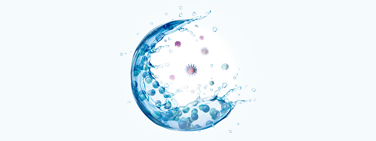 Hình ảnh cho thấy nanoe™ X chứa các gốc hydroxyl trong nước và có đặc tính tác động đến các chất khác nhau như vi khuẩn, vi rút và các chất gây mùi