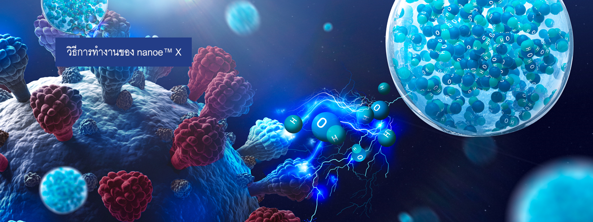 ภาพแสดงให้เห็นว่า nanoe™ X มีประสิทธิภาพอย่างไรต่อไวรัส