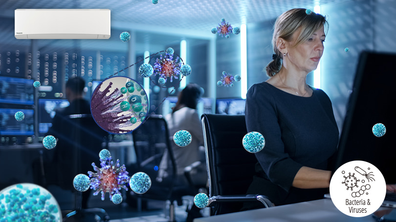 An image showing that bacteria and viruses in an enclosed space such as a monitor room are inhibited by nanoe™ X