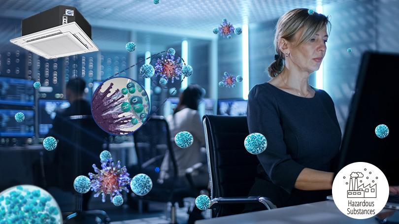 An image showing that bacteria and viruses in an enclosed space such as a monitor room are inhibited by nanoe™ X
