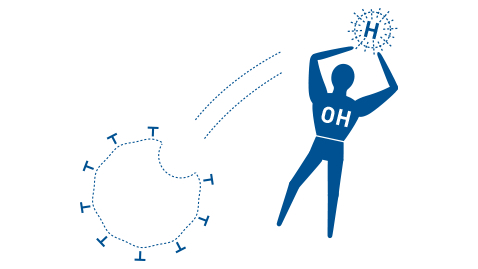 Una ilustración del radical hidroxilo eliminando un átomo de hidrógeno de otra molécula