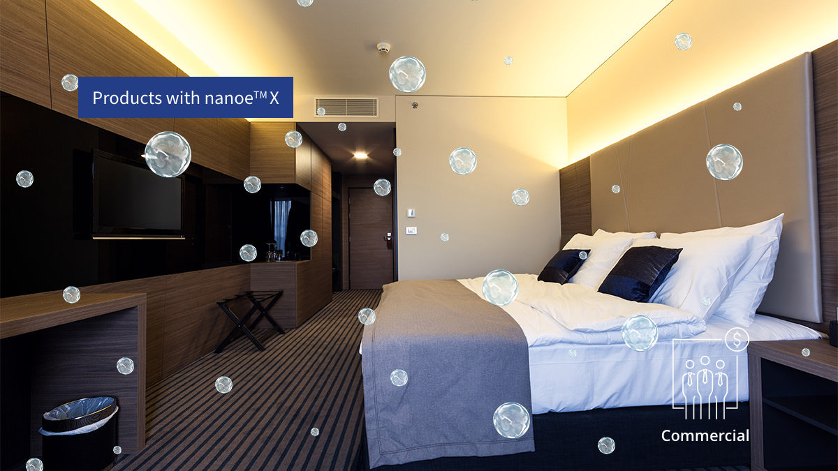 Gambar menampilkan bahwa nanoe™ X efektif terhadap bau yang menempel pada kain seperti tempat tidur hotel, dan seluruh kamar dijaga kebersihannya