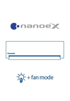 Ilustrasi dan gambar menggambarkan bagaimana ruangan dapat dijaga agar selalu bersih menggunakan mode kipas pada AC yang dilengkapi dengan nanoe™ X