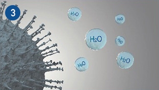 Images depicting how nanoe™ X inhibits viruses, and graphs showing that nanoe™ X is effective in inhibiting airborne and adhered viruses