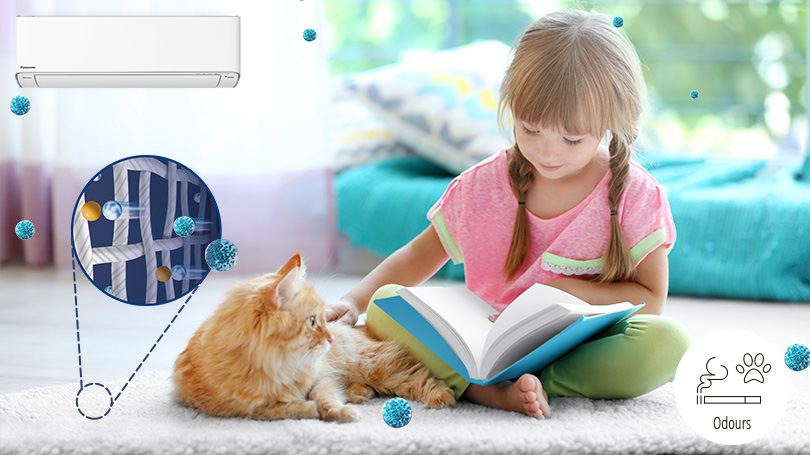 An image showing a child and a cat sitting on a carpet. The odour of the cat is adhering to the carpet, but nanoe™ X is working to deodorise it.