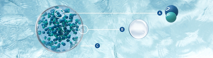 L'illustrazione mostra la struttura dei radicali ossidrilici, la fonte dei benefici di nanoe™ X. L'enorme volume generato di radicali ossidrilici, contenuti nell'acqua è l'aspetto chiave.