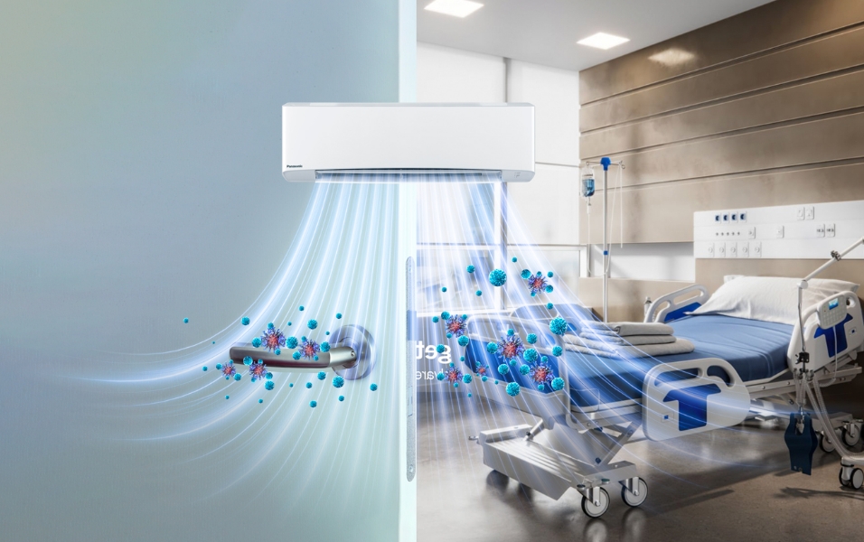 Immagine dell'azione di nanoe™ X su un virus presente sul letto o sulle maniglie di una camera d'ospedale.