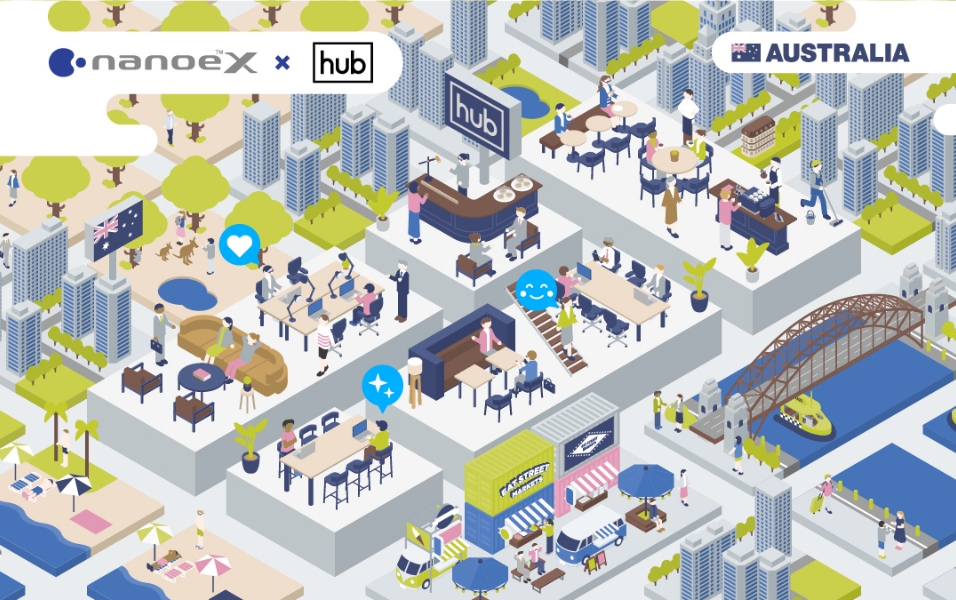 Una imagen ilustrativa de Hub Australia que describe el funcionamiento de nanoe™ X en diversos espacios interiores.