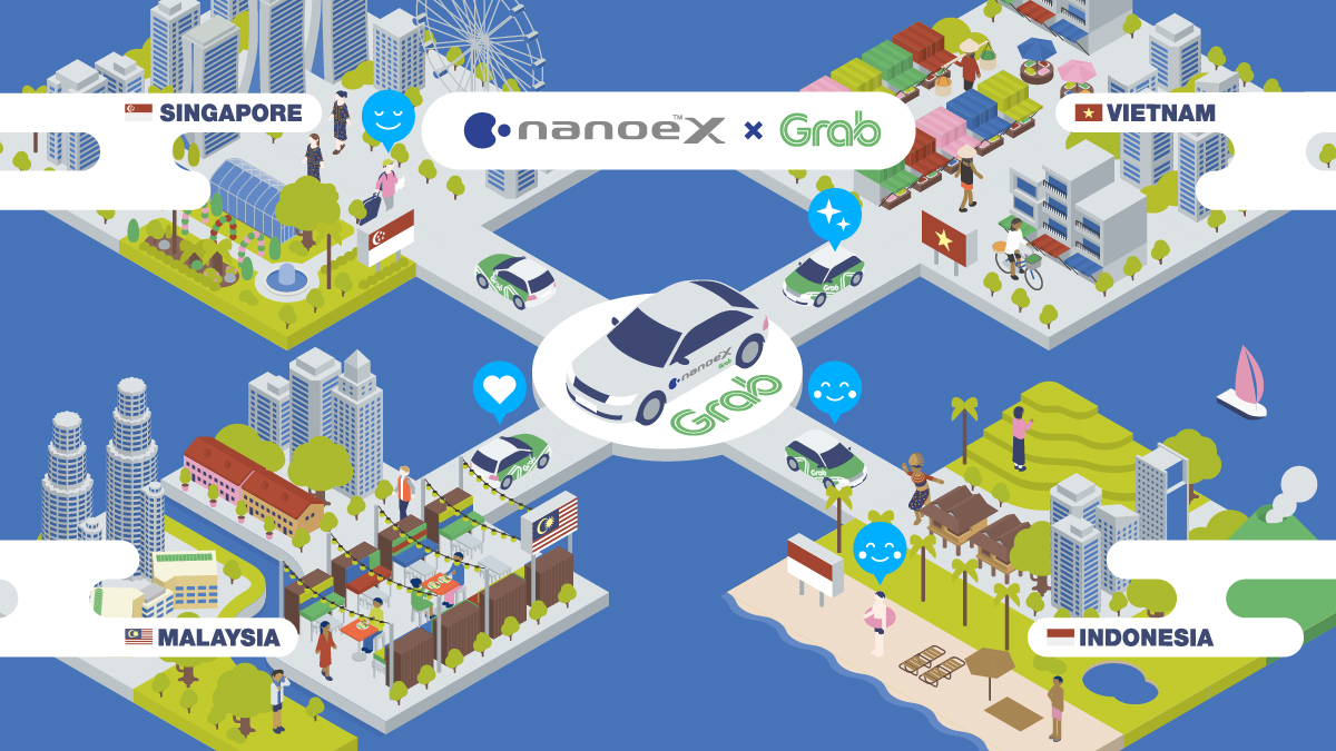 Una ilustración de una ciudad donde nanoe™ X ha colaborado con Grab. 
