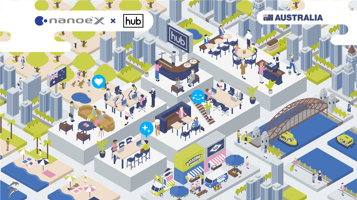 Eine Illustration einer australischen Stadt mit Hub-Büros, Food Markets, dem Sydney Wasser-Taxi, einem Park und Strand.