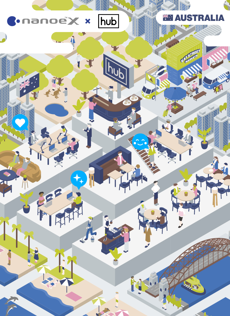 Illustrazione di una città in Australia dove sono presenti uffici Hub, Eat Street Market, water taxi di Sydney, parchi e spiagge.