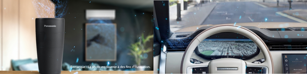 Une image d’un générateur nanoe™ X portable et de la génération de particules nanoe™ X par le climatiseur d’une voiture