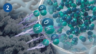 Una imagen de radicales de hidroxilo contenidos en nanoe™ X eliminando átomos de hidrógeno de la sustancia causante del olor