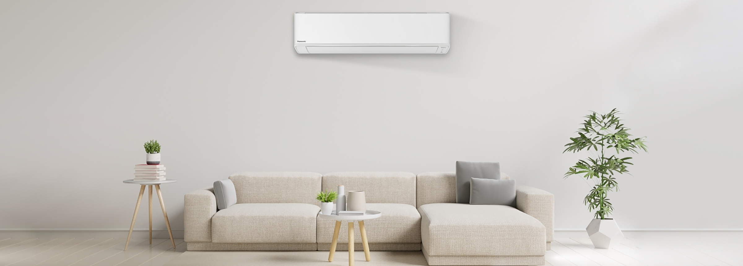 A photo of a beautiful large living room with an airconditioner on the wall