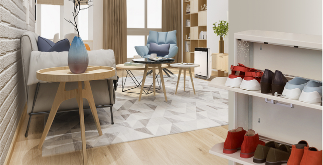 Living room with shoe racks, furnitures and Panasonic air purifier