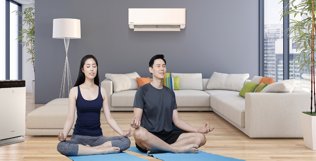 Man and lady doing meditation in a living room featuring Panasonic air conditioner and air purifier