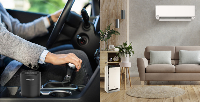 (Left) Panasonic air purifier in driver's seat, (right) Pansonic air conditioner and air purifier in living room