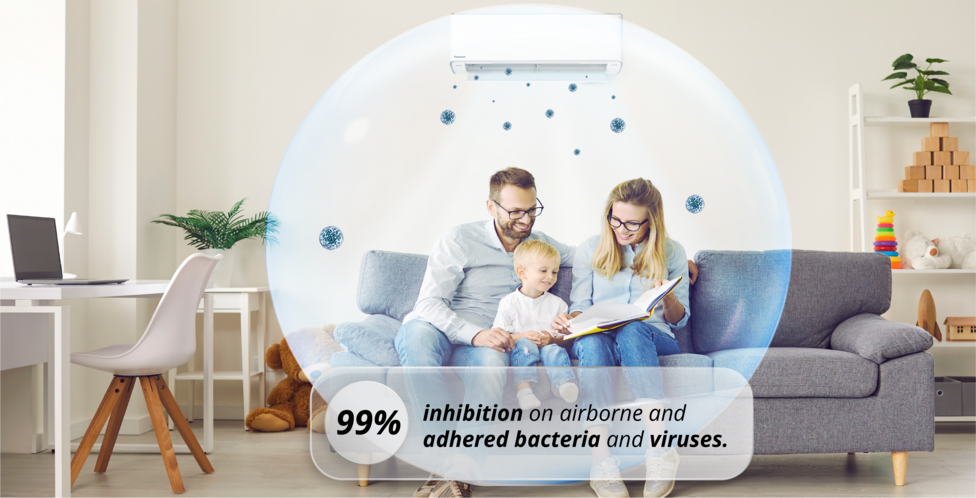 A family in living room enjoying clean air with Panasoic air condtioner and nanoe™ X.