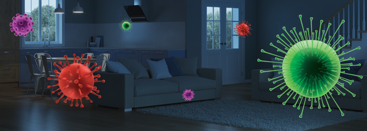 Modern living room with virus and bacteria illustration.