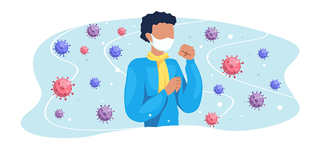 Illustration of a women coughing in an environment surround by viruses