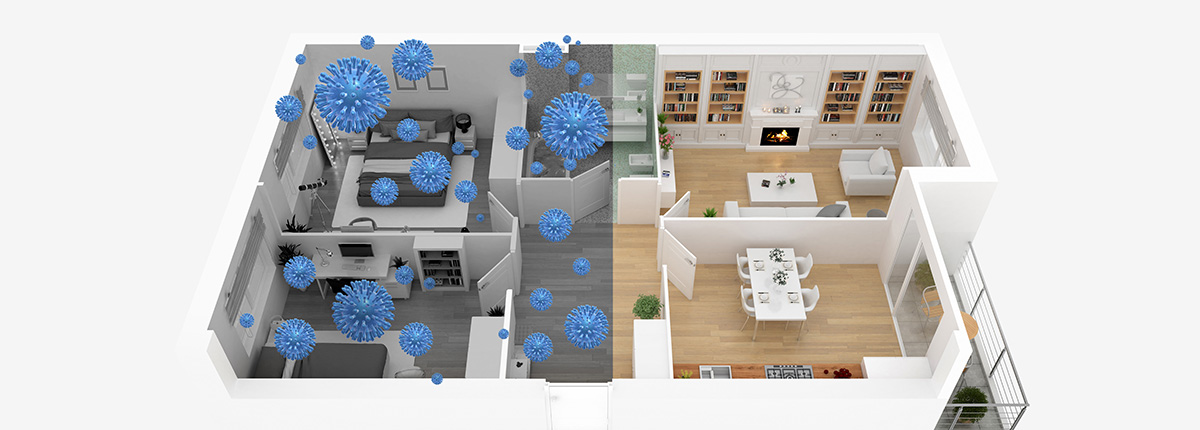 IImage of rooms with and without viruses and bacteria