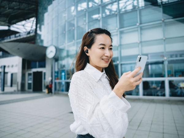Female talking on headphones
