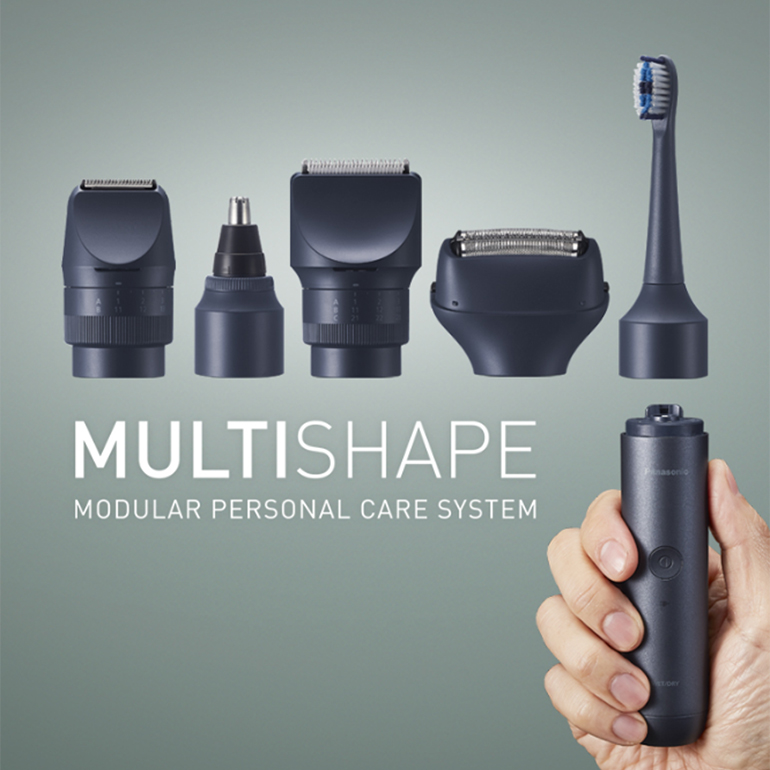 Publicité qui présente divers appareils électroniques, notamment des rasoirs et une brosse à dents, avec le texte « MULTISHAPE ».