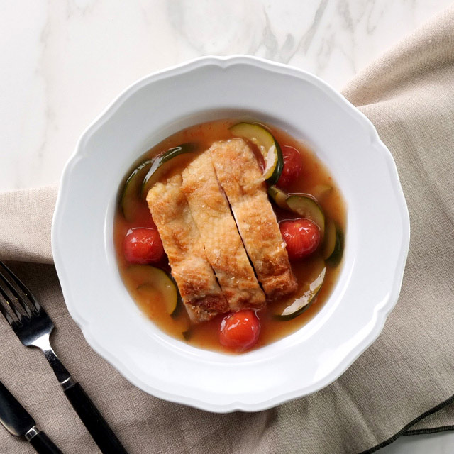 Crispy Chicken with Vegetables and Dashi Sauce See more