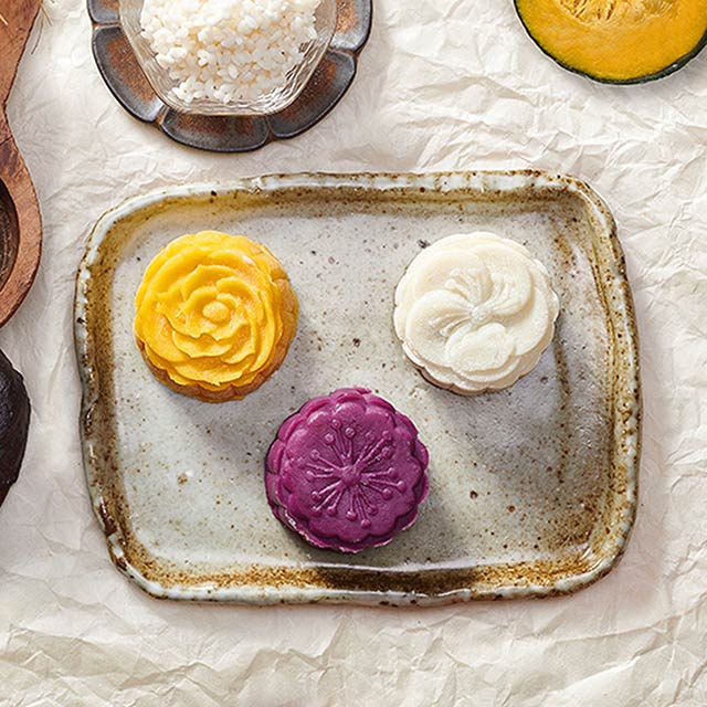 Snowskin Mooncake with Pumpkin and Purple Sweet Potato See more