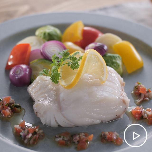 Steamed Cod and Vegetables with Fresh Veggie Sauce See more