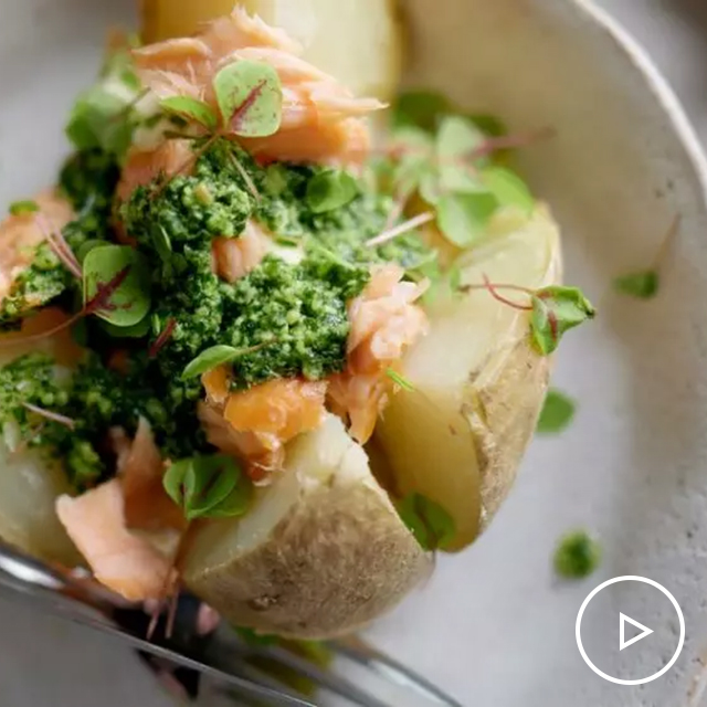 Jacket Potatoes with Rocket + Cashew Pesto and Smoked Salmon See more