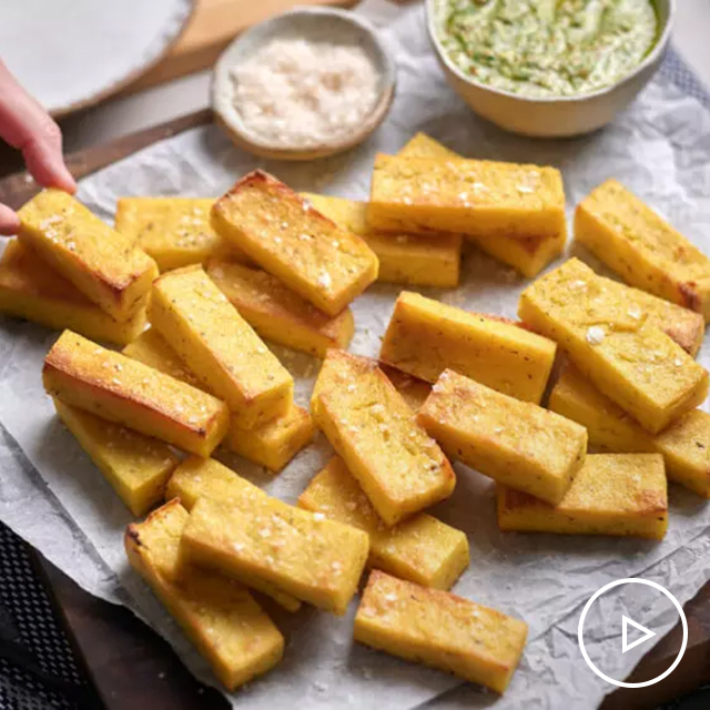 Two-Cheese Polenta Chips with Pesto Dip See more