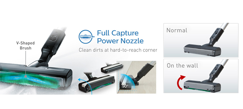 Full Capture Power Nozzle that cleans up corner and edges efficiently through its unique design and capable of cleaning all types of flooring
