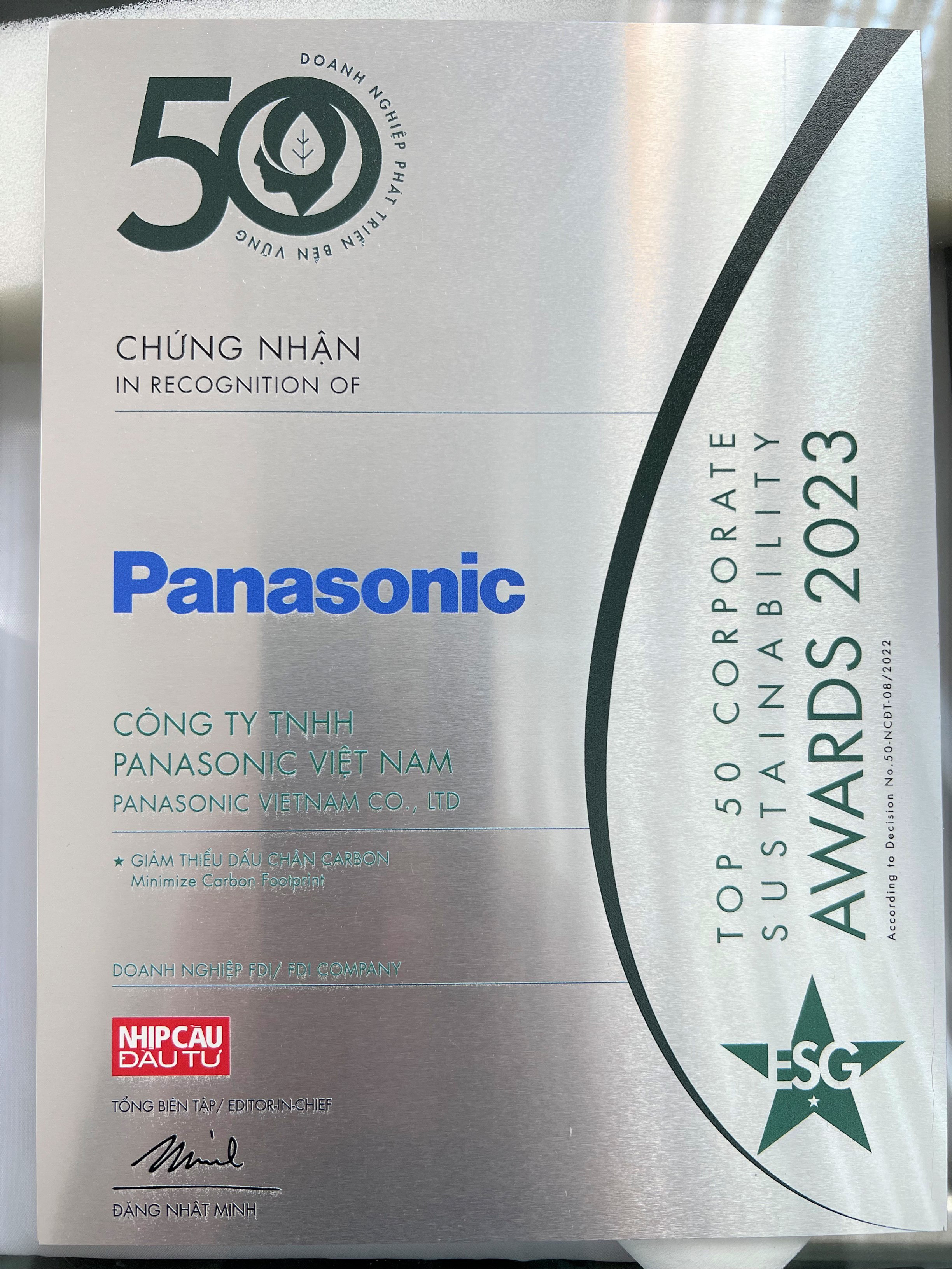 Panasonic was honored as TOP Sustainable Enterprises with the highlight for effort of minimizing carbon emission