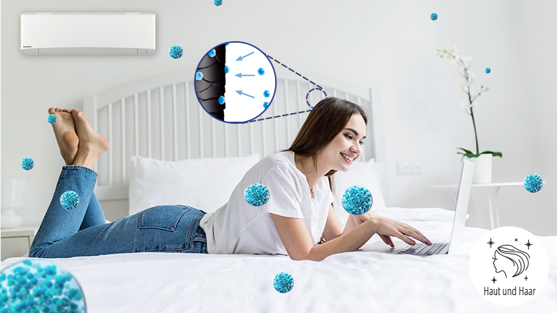 Eine Abbildung, die zeigt, wie nanoe™ X das Haar einer auf einem Bett liegenden Frau mit Feuchtigkeit versorgt.